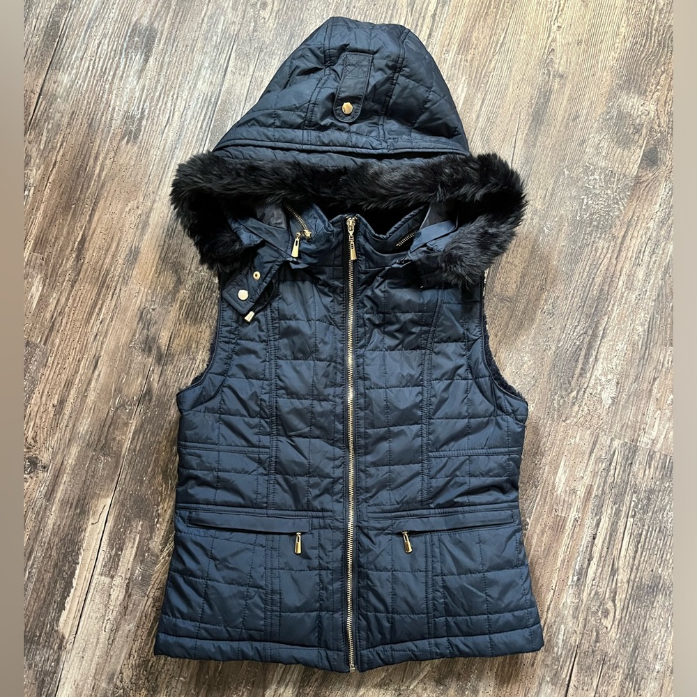 Daisy Fashion Navy Blue Fuzzy Lined Vest Removable Hood Women’s Size Large - Picture 2 of 8